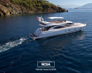 If you are looking for boat loans in Georgia, you should consider factors such as GAP coverage for boats. Our Georgia Credit Unions offers competitive rates for boat loans. This is an overhead image of a yacht in beautiful blue water with mountains in the background.